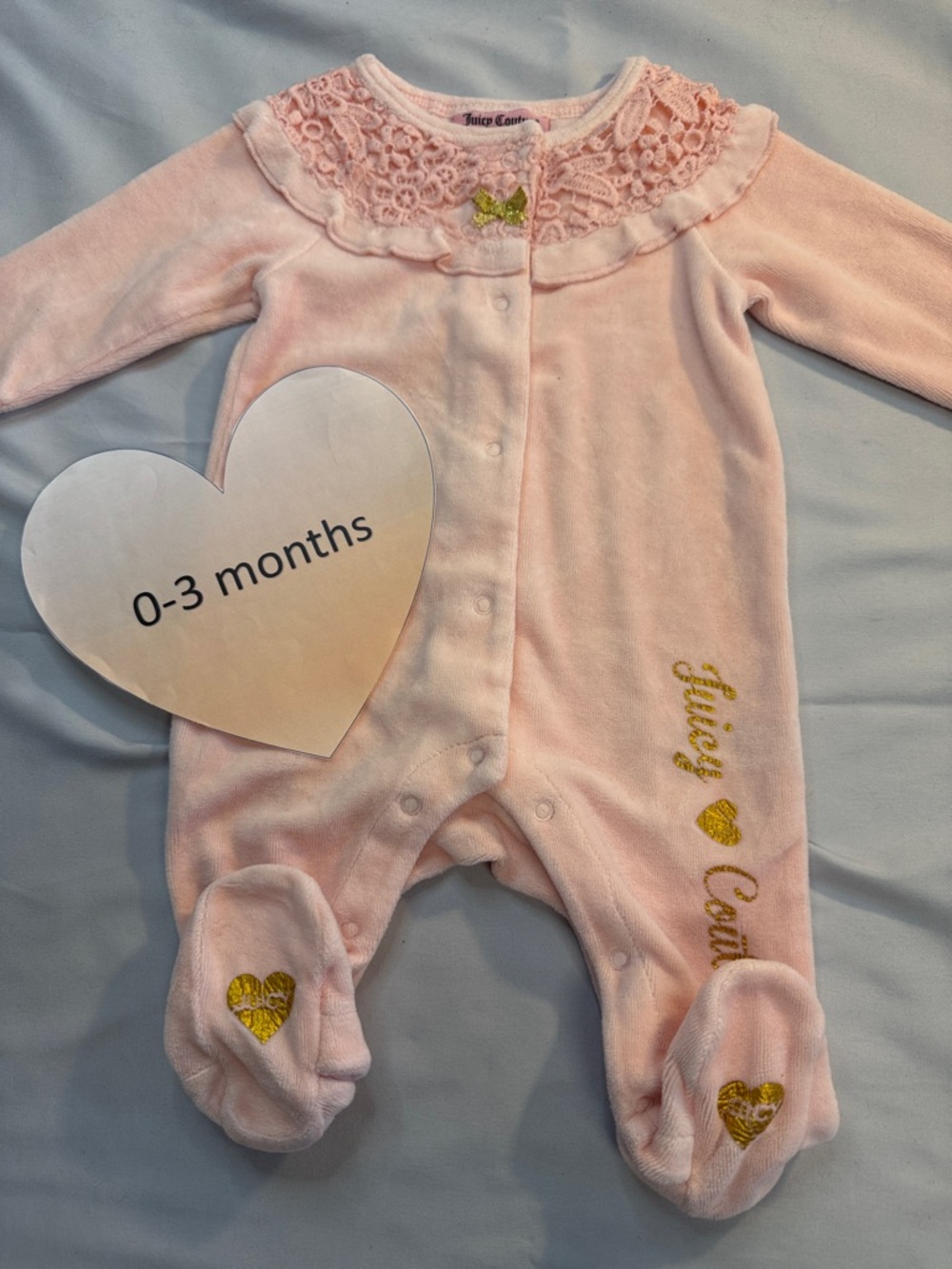 Juicy Couture - Pink Lace & Velour Baby Footie Sleeper/Romper. Size 0-3 months